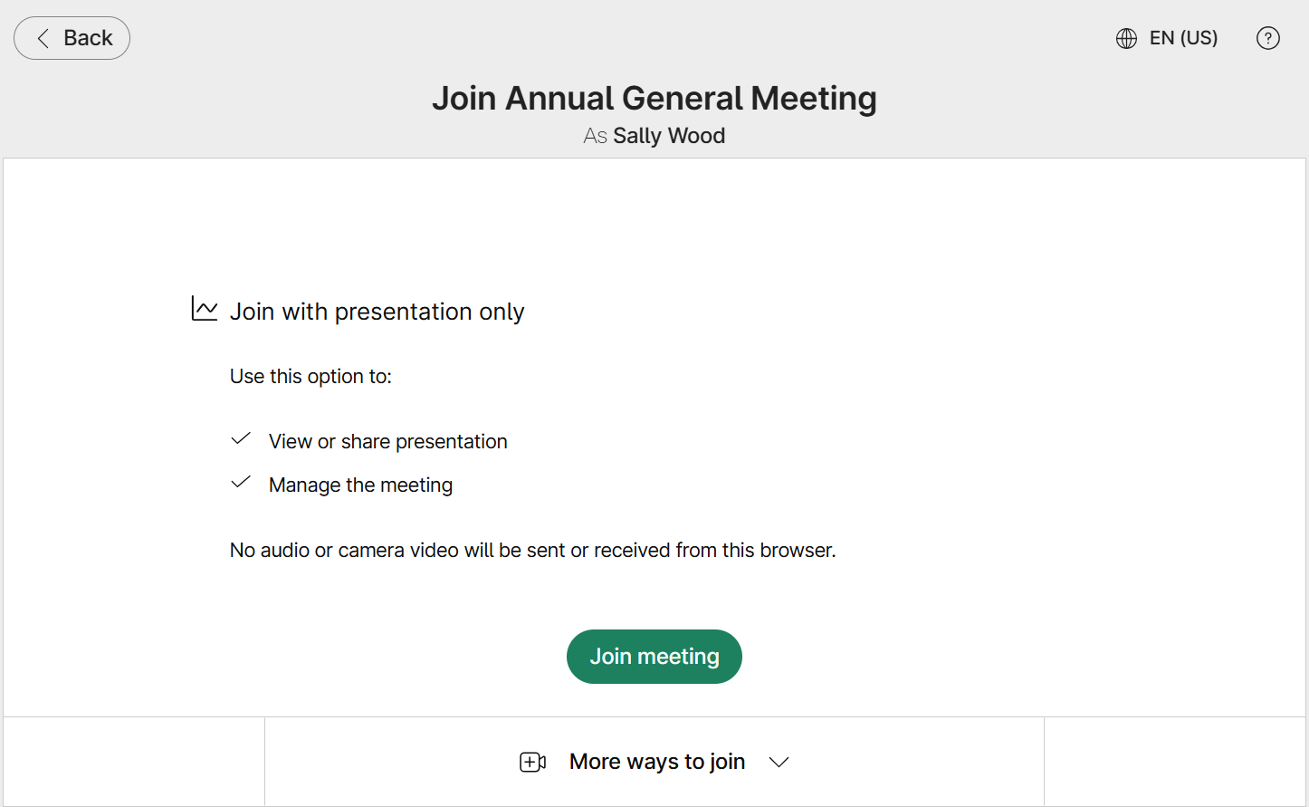 Join method screen before joining the meeting